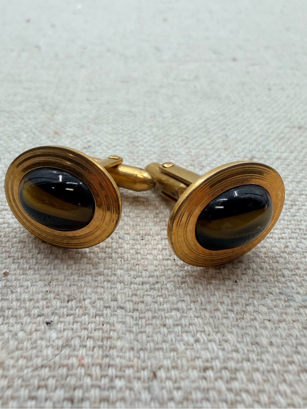 Gold-Tone Cufflinks with Black and Brown Oval Inset